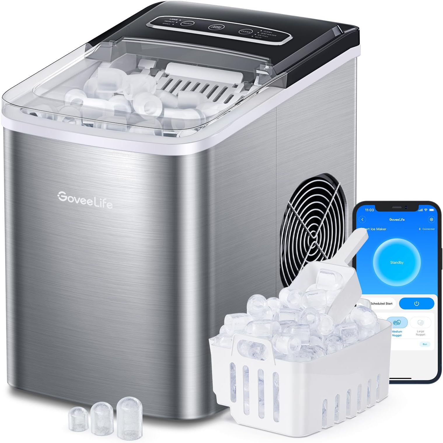GoveeLife Smart Countertop Ice Makers, Portable Ice Maker Machine with Self-Cleaning, 6 Mins 9 Bullet Ice, 26lbs/24Hrs, Voice Remote for Home Kitchen Party Camping, with Ice Scoop Stainless Silver