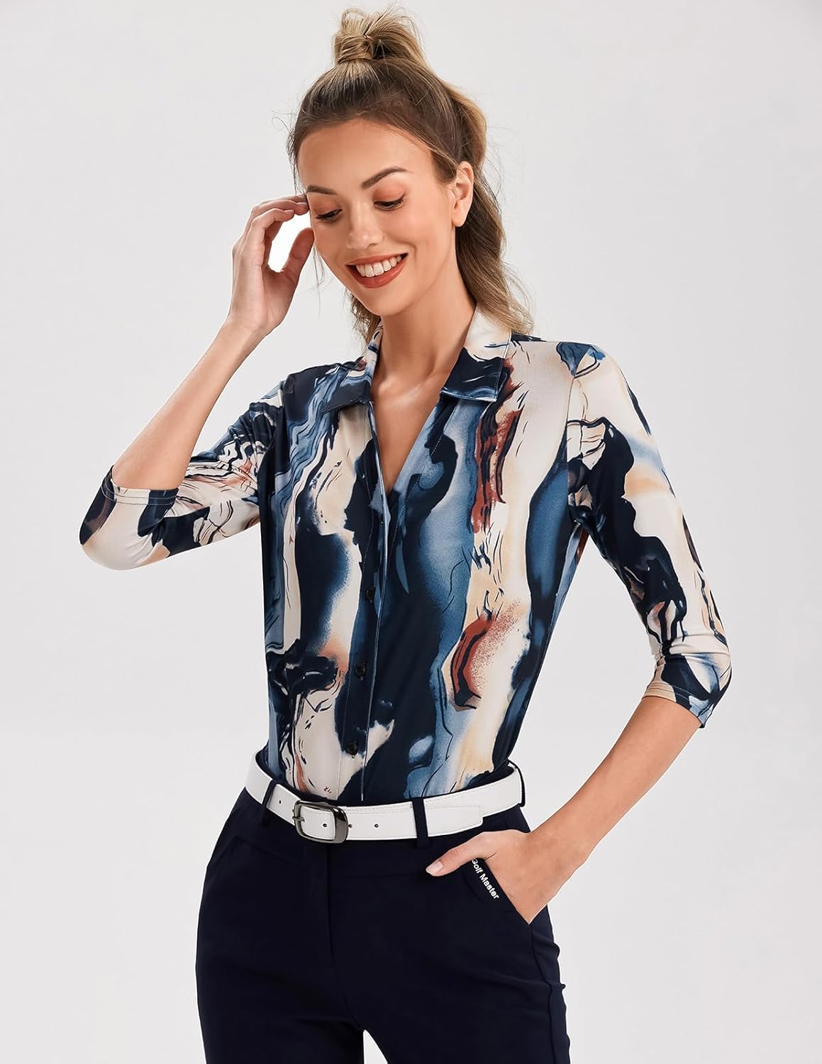 Soneven Womens 3/4 Sleeve Button Down Shirt V Neck Collared Polo Shirts Work Blouses - Image 3