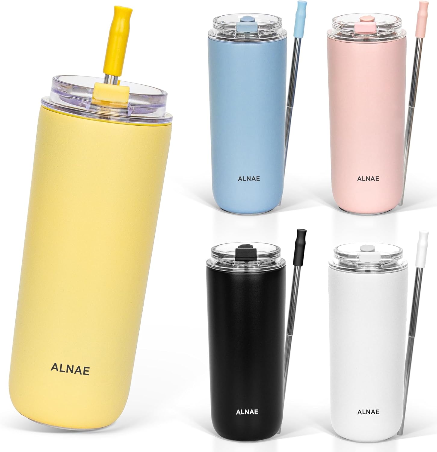 ALNAE タンブラー 500ml 水筒 可伸縮ストロー付き 直飲み 蓋付き こぼれない 二重構造 保温保冷 持ち運び アウトドア プレゼント用 女の子 男の子 5色