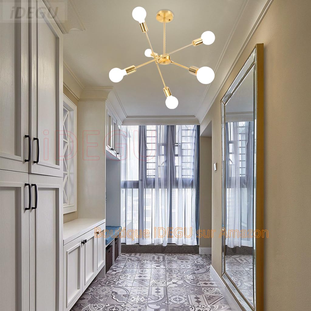 iDEGU żyrandol przemysłowy, 6 świateł, lampa sufitowa, LED, vintage, metalowa, regulowana, zawieszka, E27, oświetlenie retro, lampa sufitowa, do salonu, kuchni, jadalni, sypialni (złota)