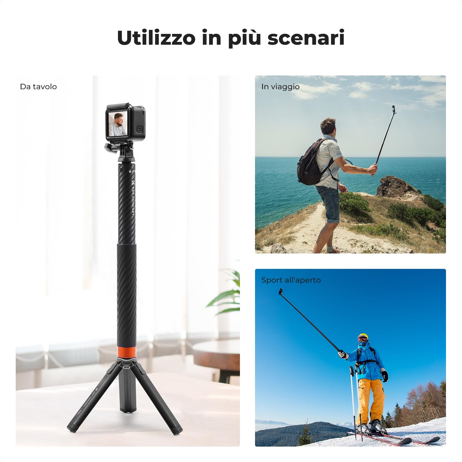 K&F Concept MS22 Selfie Stick, 127cm Bastone Selfie Invisibile in Carbonio, Monopiede Estensibile con Adattatore per Fotocamera Sportiva, Compatibile con GoPro Hero 13/12 Insta360 DJI Osmo Action