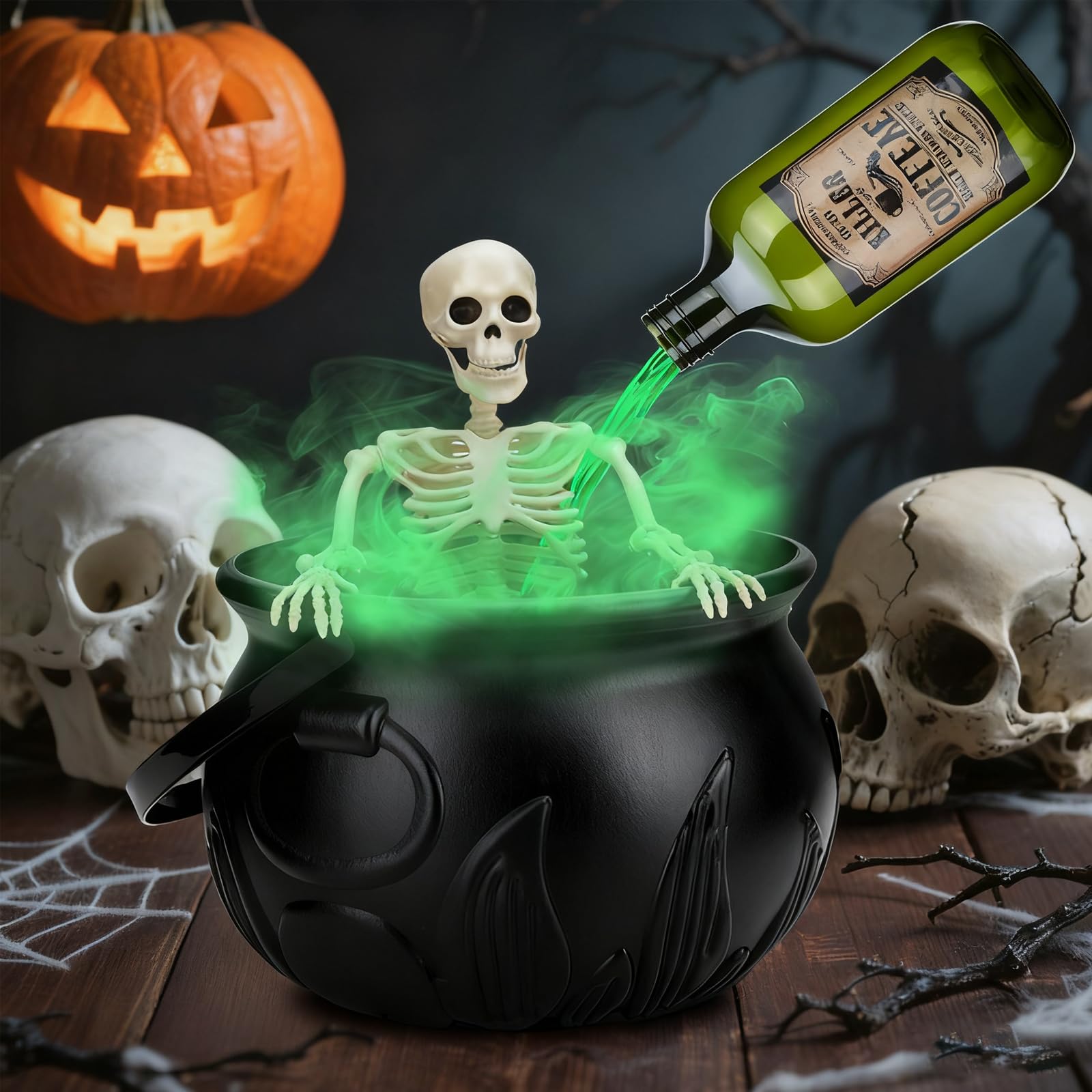 Dekoracje na Halloween do wnętrz – kociołek czarownic – kompletny zestaw dekoracyjny na Halloween z realistycznymi butelkami na mgiełkę i magiczne pływające eliksiry, wewnętrzny straszny szkielet