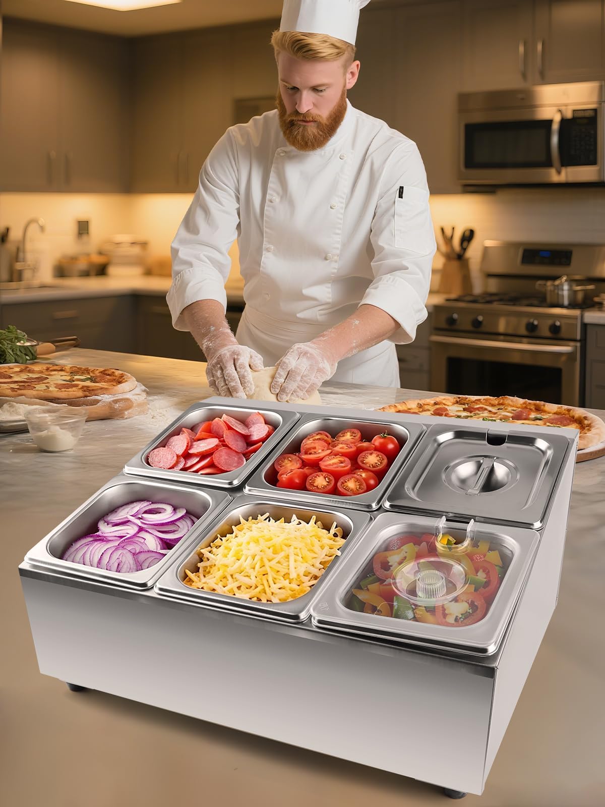 Kalolary 6 teglie Contenitori per Ingredienti 2 File Porta Spezie in Acciaio Inox con Coperchi Cucchiai Supporto Inclinato Bancone Set Contenitori Buffet per Salsa Frutta Ingrediente Cucina Ristorante