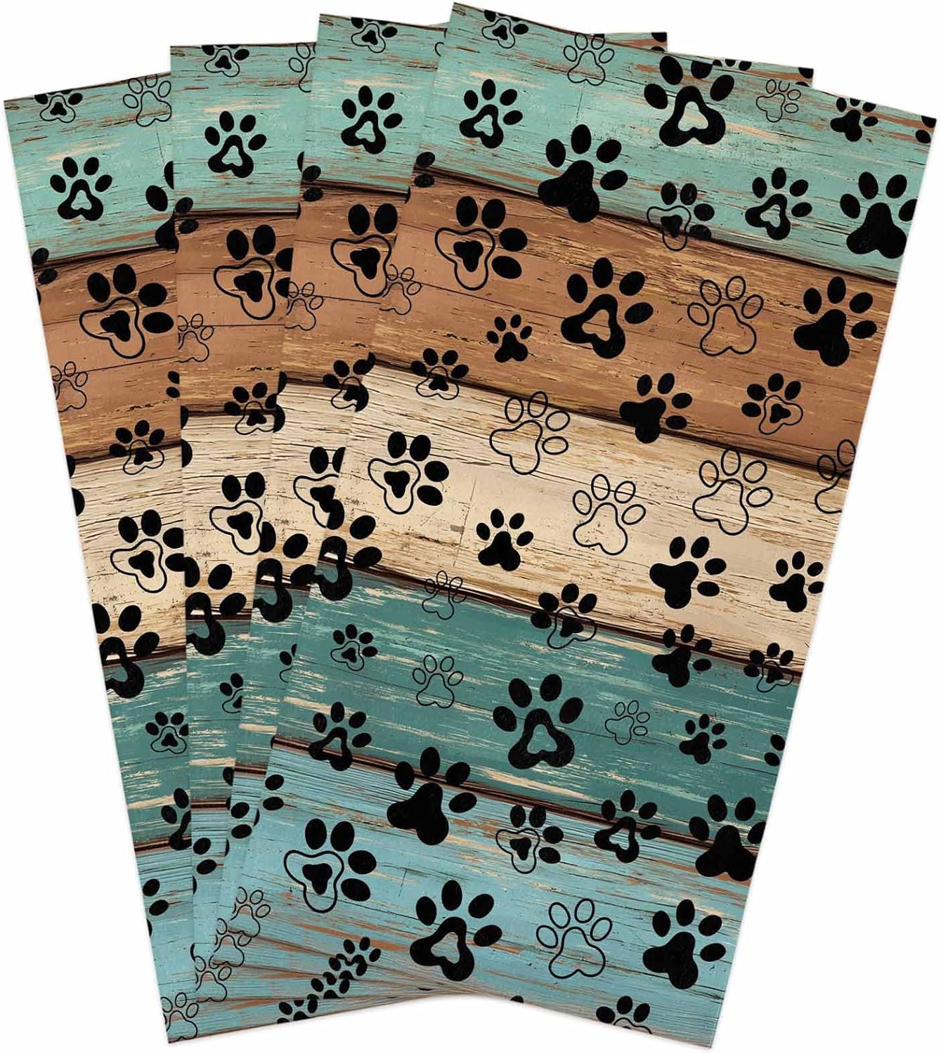 Dog Paws Prints Kitchen Towels 4 Pack, Rustic Teal Dish Towels for Kitchen, Farmhouse Turquoise Wood Absorbent Microfiber Puppy Paws Hand Towels for Bathroom, Soft Tea Towels Bar Towels, 18 x 28 Inch
