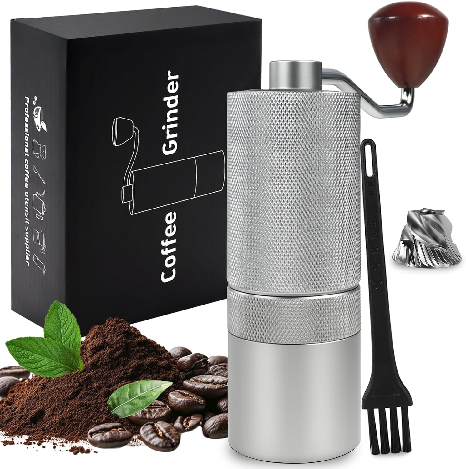 Manual Coffee Grinder Gift Box Detachable Stainless Steel Conical Burr Aluminum Coffee Bean Grinder with 25 Grinding Settings Cleaning Brush Grindable Espresso Moka Pot for Camping Silver