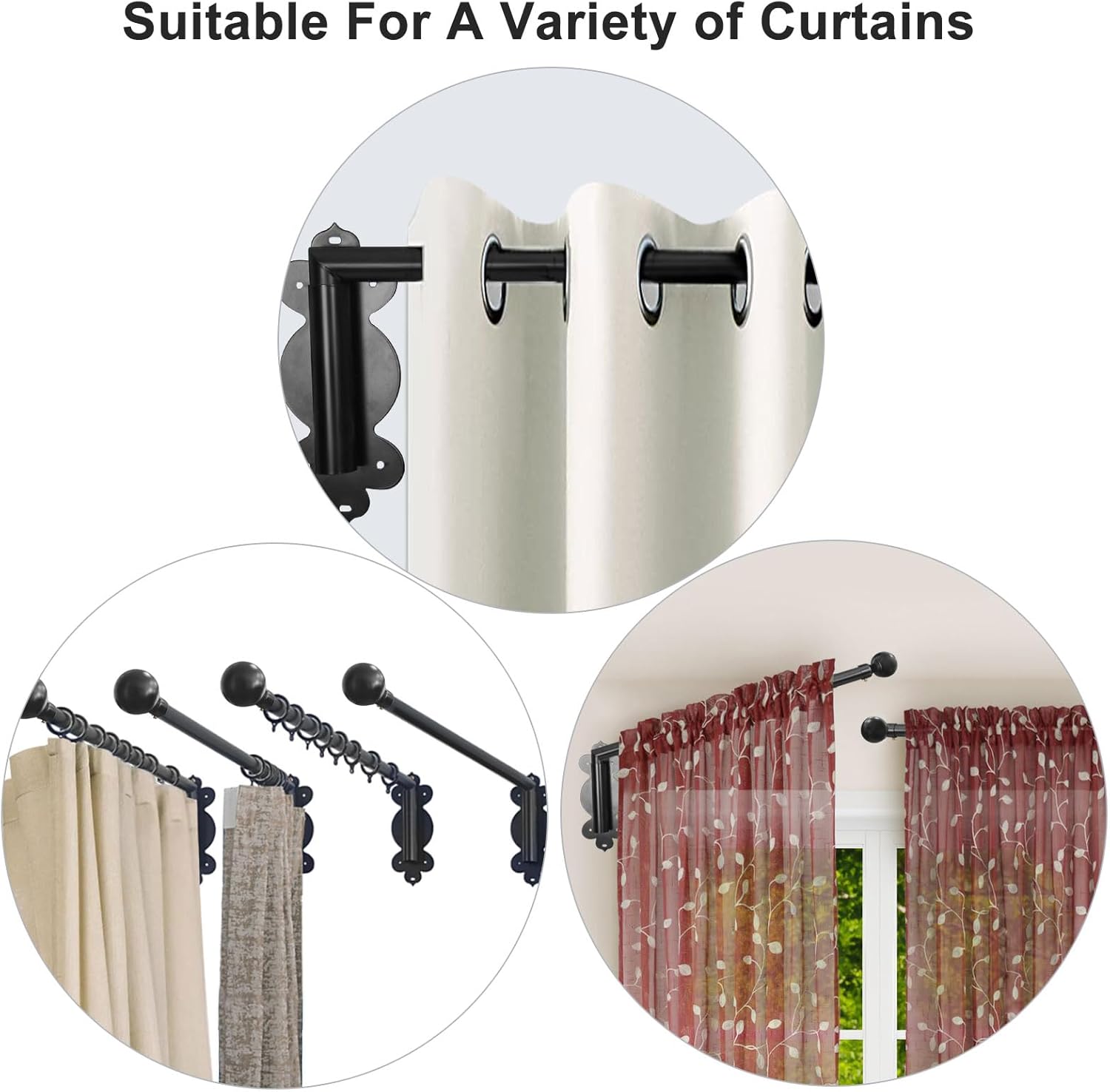 Swing Arm Curtain Rod, Black, 35.4'' Long, 1.1'' Diameter Pole, Rotate about 180 degrees, Detachable Ball Finial, 1 Piece