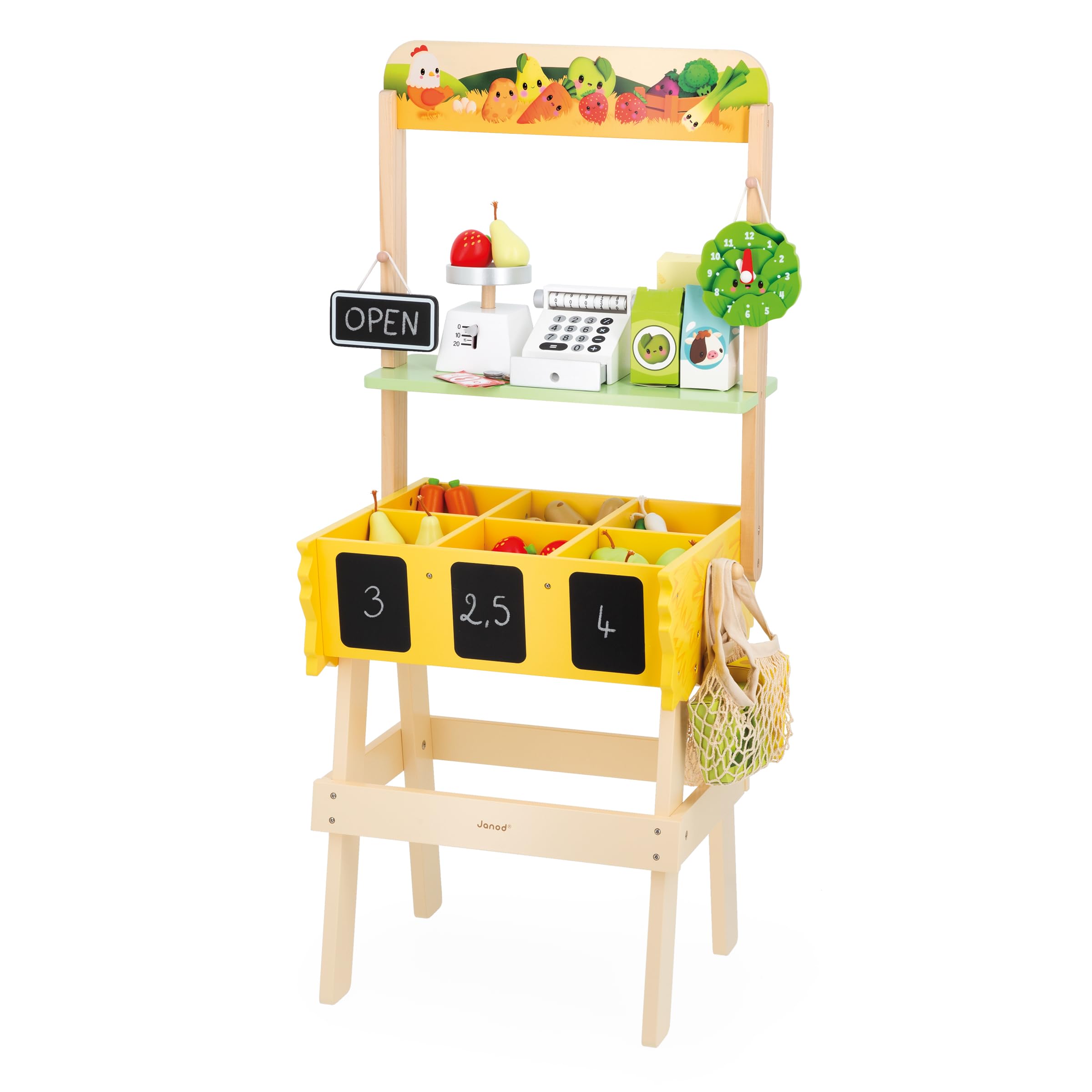 Janod - Children's Merchant Farm Market - Imitation Game for Children - 32 Accessories - Develops Imagination - Wooden Toy - Water Painting - J03322 from 3 Years, Yellow, Green