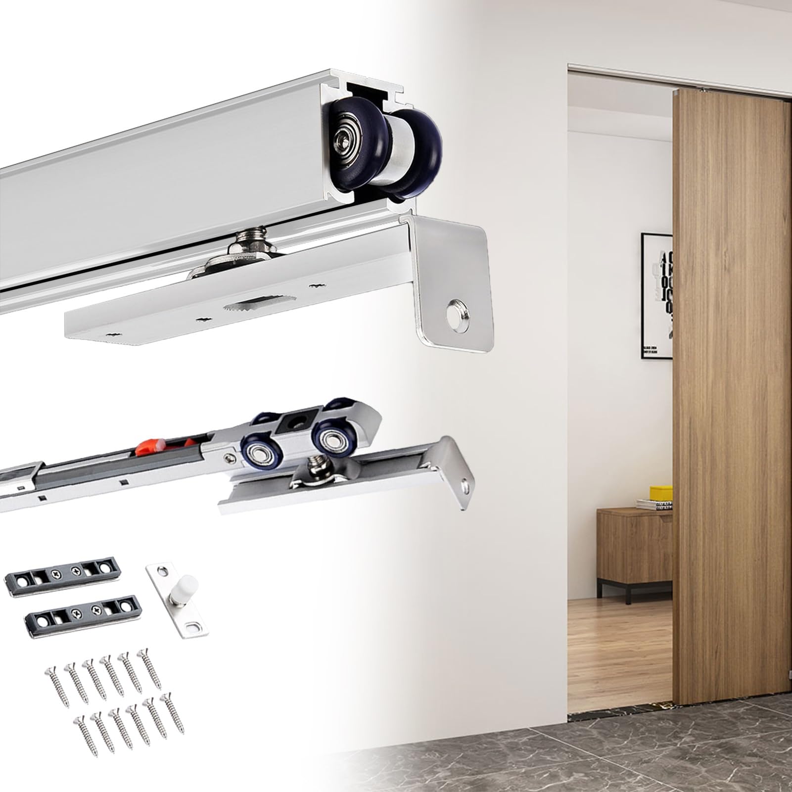 Sliding Door Track, Sliding Door Rail Track Kit Soft Close Aluminum Pocket System Nylon Wheels(Silver-White,70in/177.8cm)