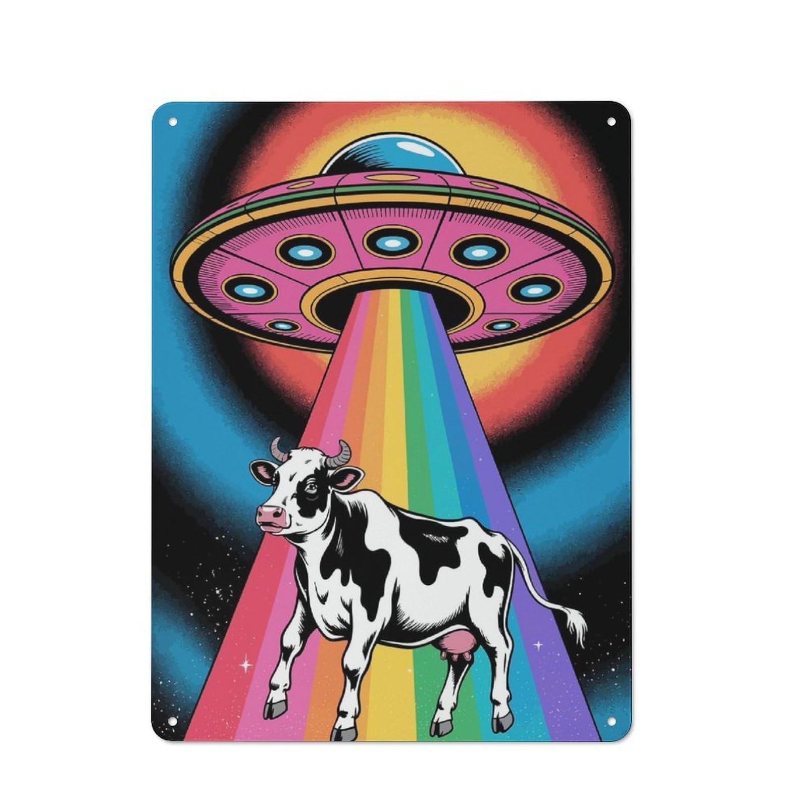 Junmoney Cow Abduction By Ufo With Rainbow Beam Metal Plaque 40X30cm With For Home Bar Wall, Retro Decor, For Garage, Workshop And Man Cave Decoration