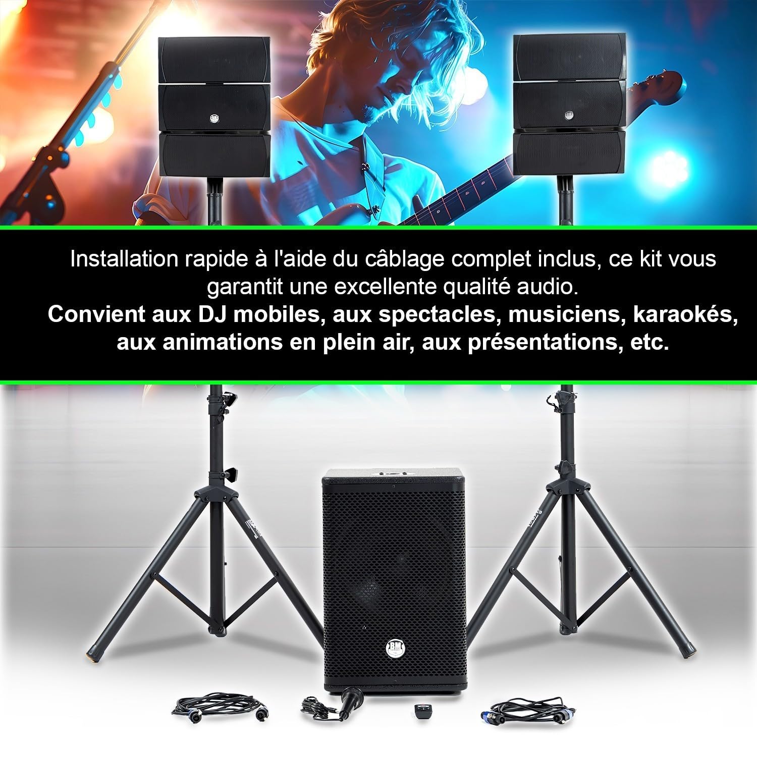Pack Sonorisation DJ Complet BMBmsonic BMS-12-ARRAY-BT 1000W, Enceintes Satellites, Caisson de Barre USB/Bluetooth +Clé USB 32 Go