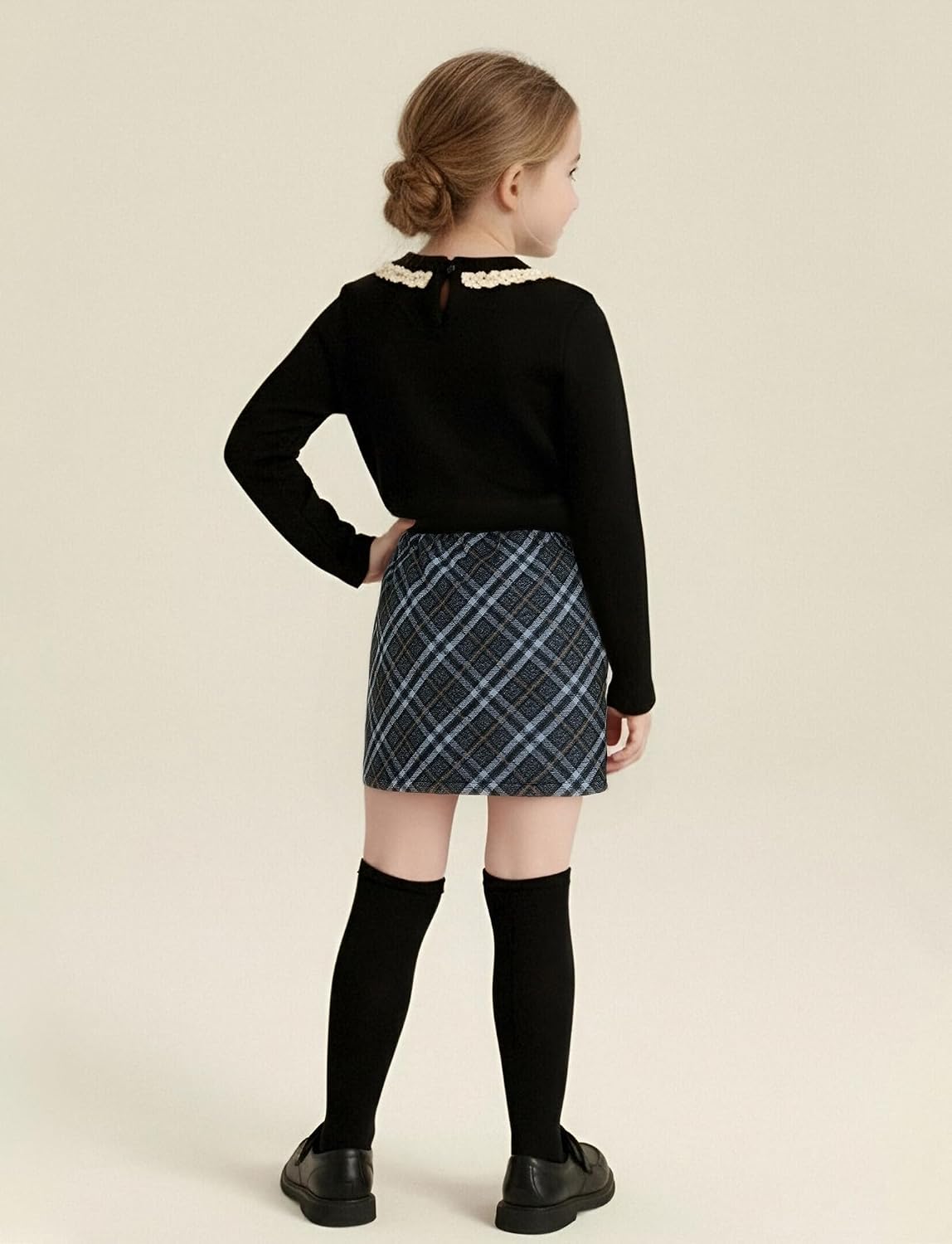 Girls Elastic Waist Plaid Tweed Wool Bodycon Mini Skirt Kid Toddler School Uniform Skort for Spring Fall Winter 4-12Y