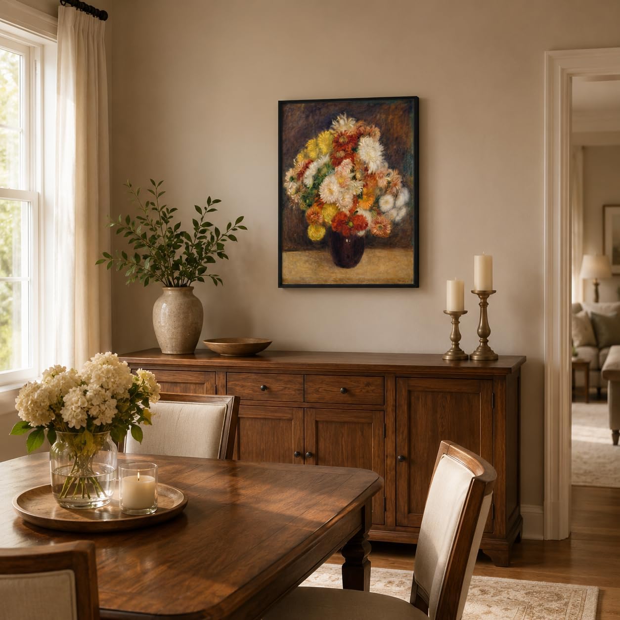 Renoir Chrysanthemum Floating Framed Canvas Wall Art Floral Vase Painting Prints Posters Impressionist Wall Decor Public Domain Flower Artwork for Living Room Bedroom Office Gallery Gift 12x16 Inches