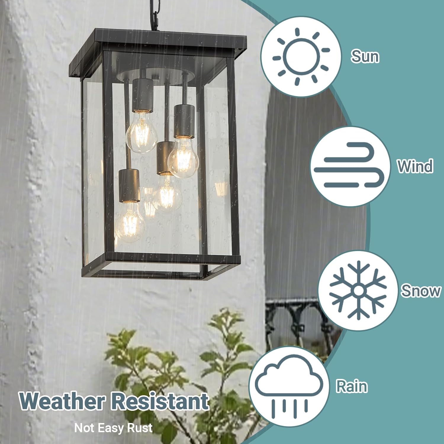 LOUSACE 16.7'' Black Outdoor Pendant Light 4-Light Large Outside Pendant Porch Lights Ceiling Haninging Outdoor Chandelier with Clear Glass Exterior Light Fixtures Lantern for Front Door Foyer Doorway