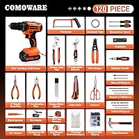 Vista 18 de COMOWARE Juego de herramientas para el hogar con taladro inalámbrico de 20 V, kit de herramientas de mano de 120 piezas para hombres, juego