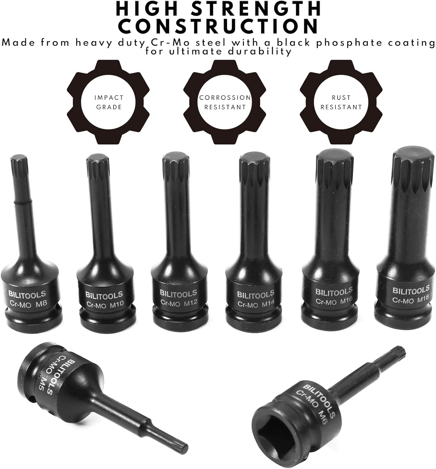 BILITOOLS 8-Piece Impact XZN Triple Square Spline Bit Socket Set 1/2 inch Drive, M5-M18, Cr-Mo Steel - Image 5