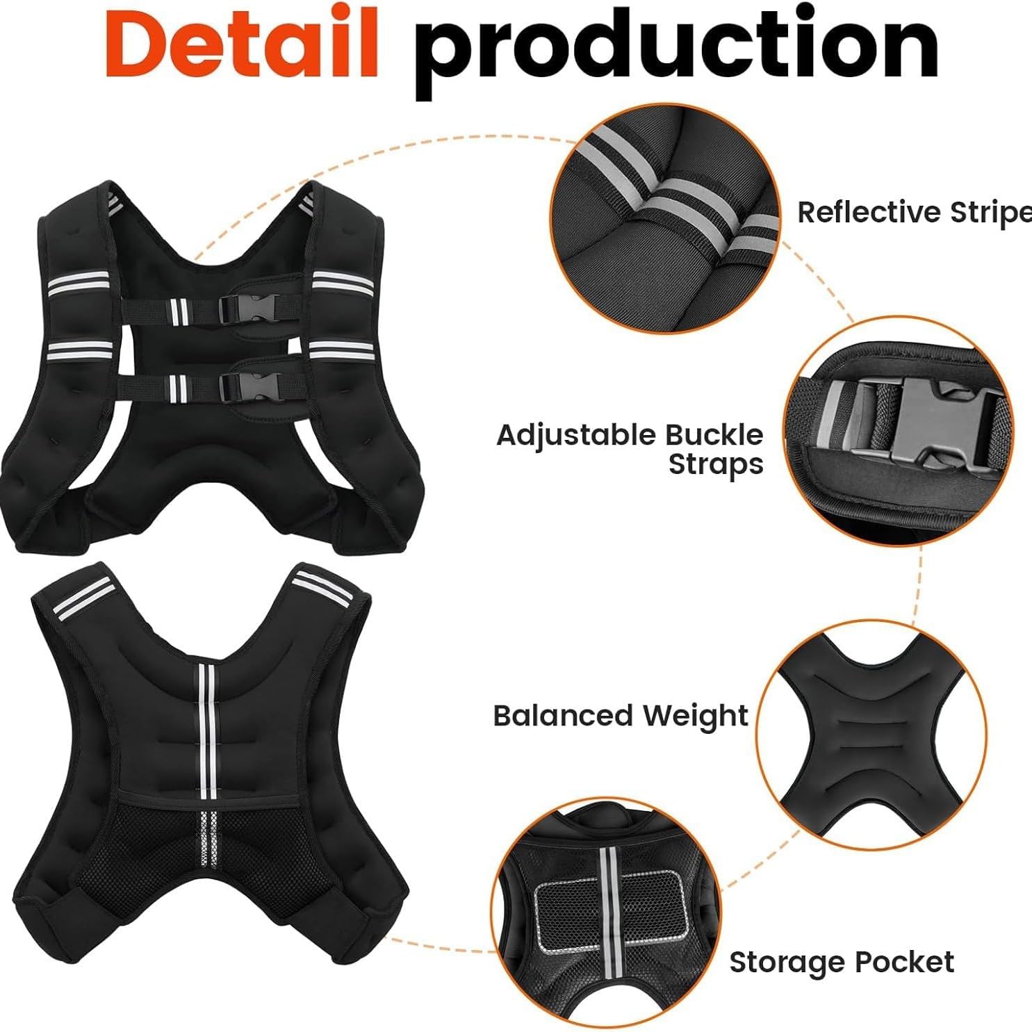 Adjustable Weight Vest for Fitness Training, Black Reflective Sports Vest with Safety Stripes, Multi-Purpose Exercise Equipment for Strength Training, Running, Hiking, Gymnastics