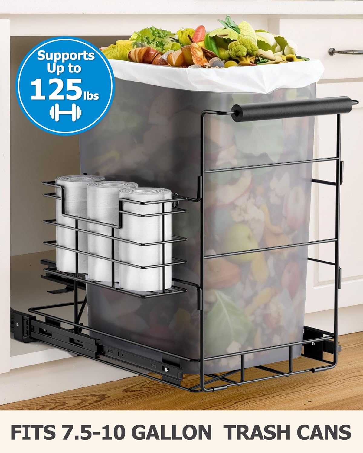 Pull Out Trash Can Under Cabinet, Under Sink Trash Can Kit for 7.5-10 Gallon with Garbage Bag Holder, Heavy Duty Steel Frame, Holds Up to 125 lbs, Easy to Install (Bin Not Included)