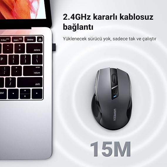 UGREEN Dizüstü Bilgisayar Kablosuz Fare Ergonomik Sessiz Tıklama USB Fare, Hassas Takip Bilgisayar Faresi, Gecikmesiz Duyarlı 18 Aylık Pil Ömrü, 4000 DPI Ayarlanabilir