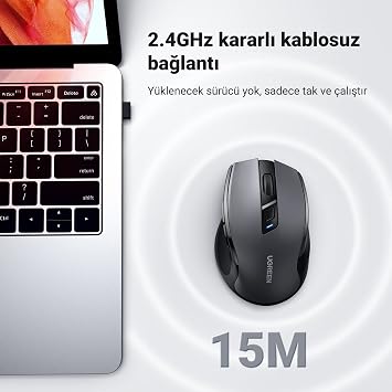 UGREEN Dizüstü Bilgisayar Kablosuz Fare Ergonomik Sessiz Tıklama USB Fare, Hassas Takip Bilgisayar Faresi, Gecikmesiz Duyarlı 18 Aylık Pil Ömrü, 4000 DPI Ayarlanabilir