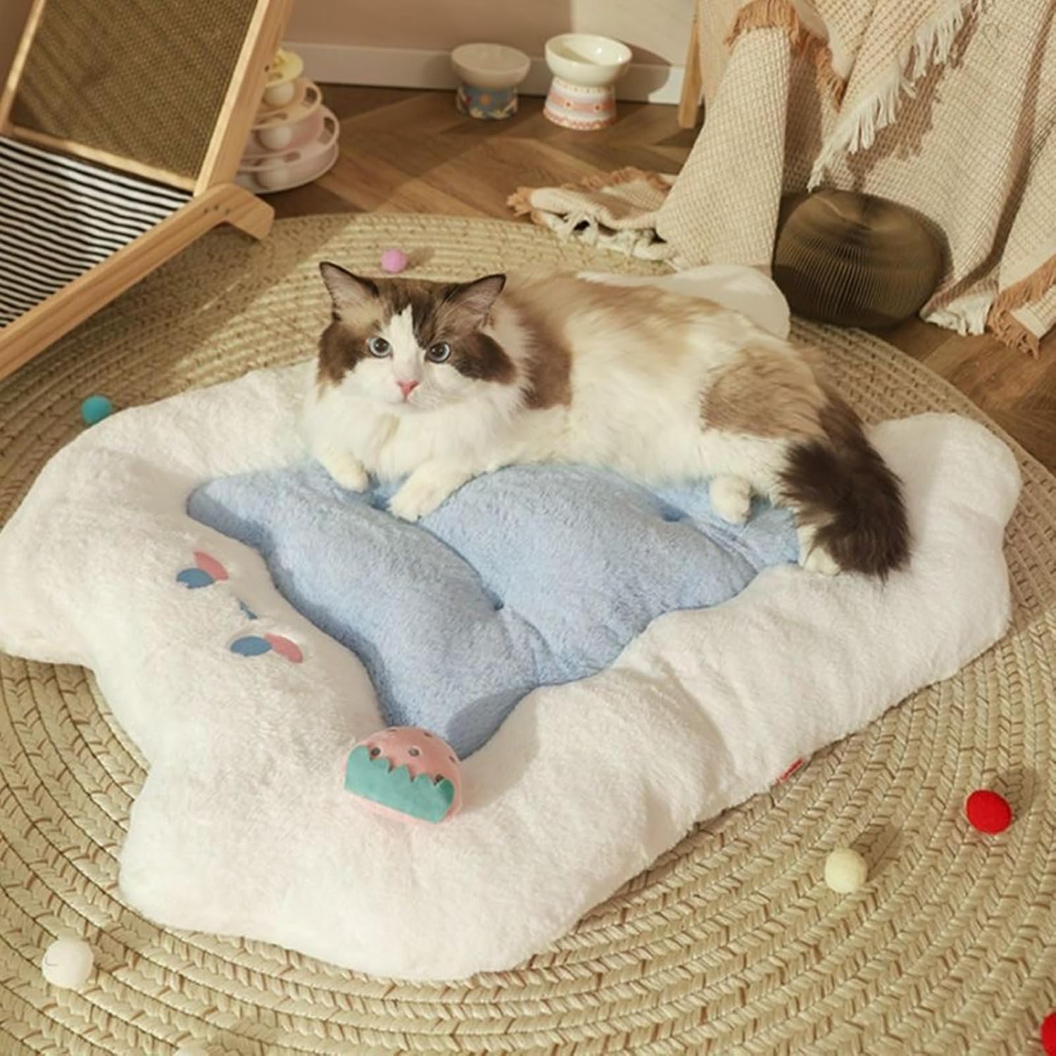 Cute Cat Bed Mats Plush Pillow Around Kawaii Kitten Mat Self-Warm Super Soft Calming (L 31.5 x 22 in)