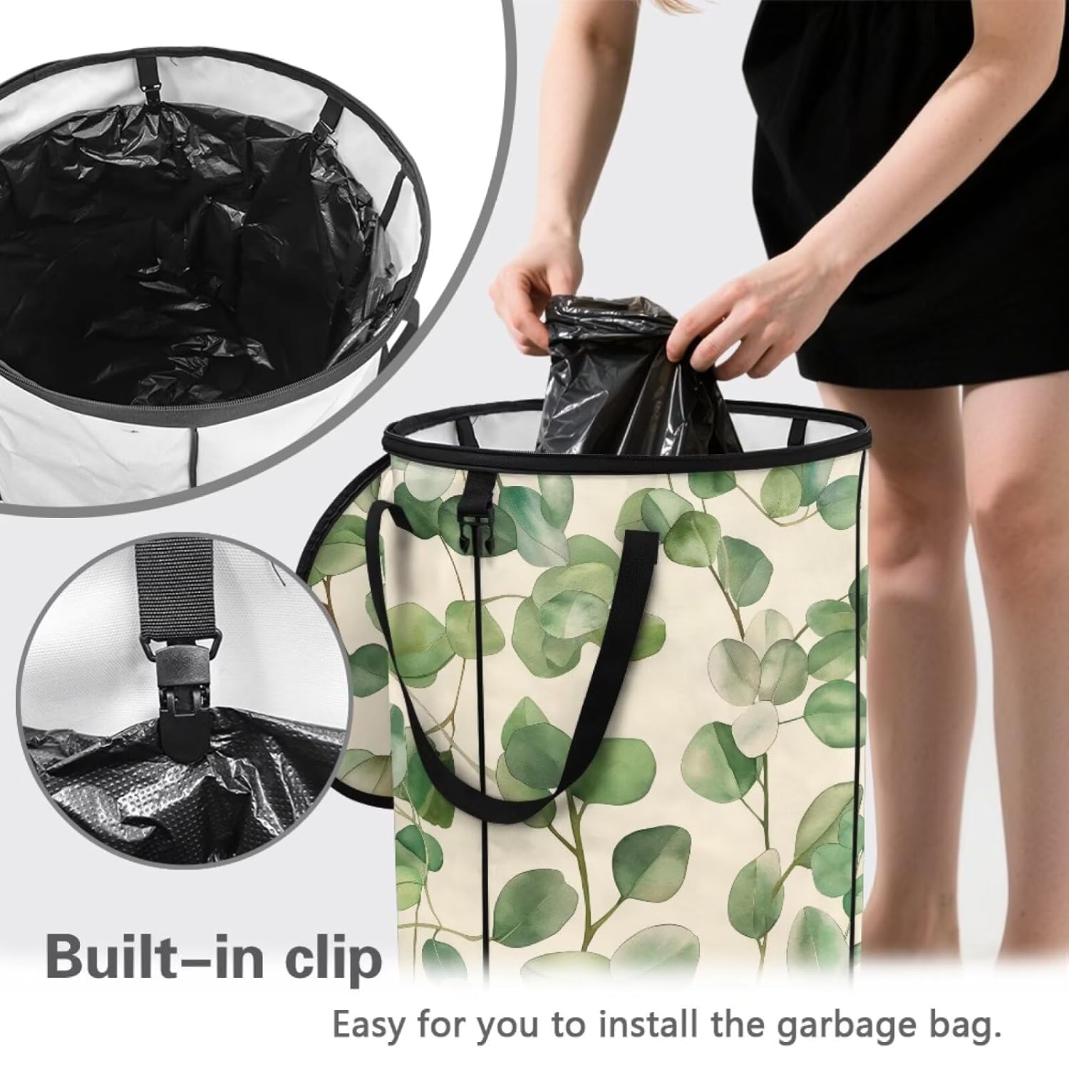 Cozeyat Eucalyptus Leaves Collapsible Outdoor Trash Can Portable Camping Garbage Can with Zippered Lid Rv Reusable Camping Trash Bag Laundry Hamper Waste Leaf Bag Toy Bins