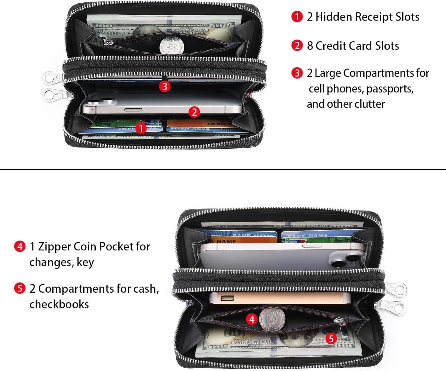 GOIACII Women's Wallet Large Capacity Double Zip Ladies Card Phone Holder RFID Blocking Wristlet Leather - Image 8