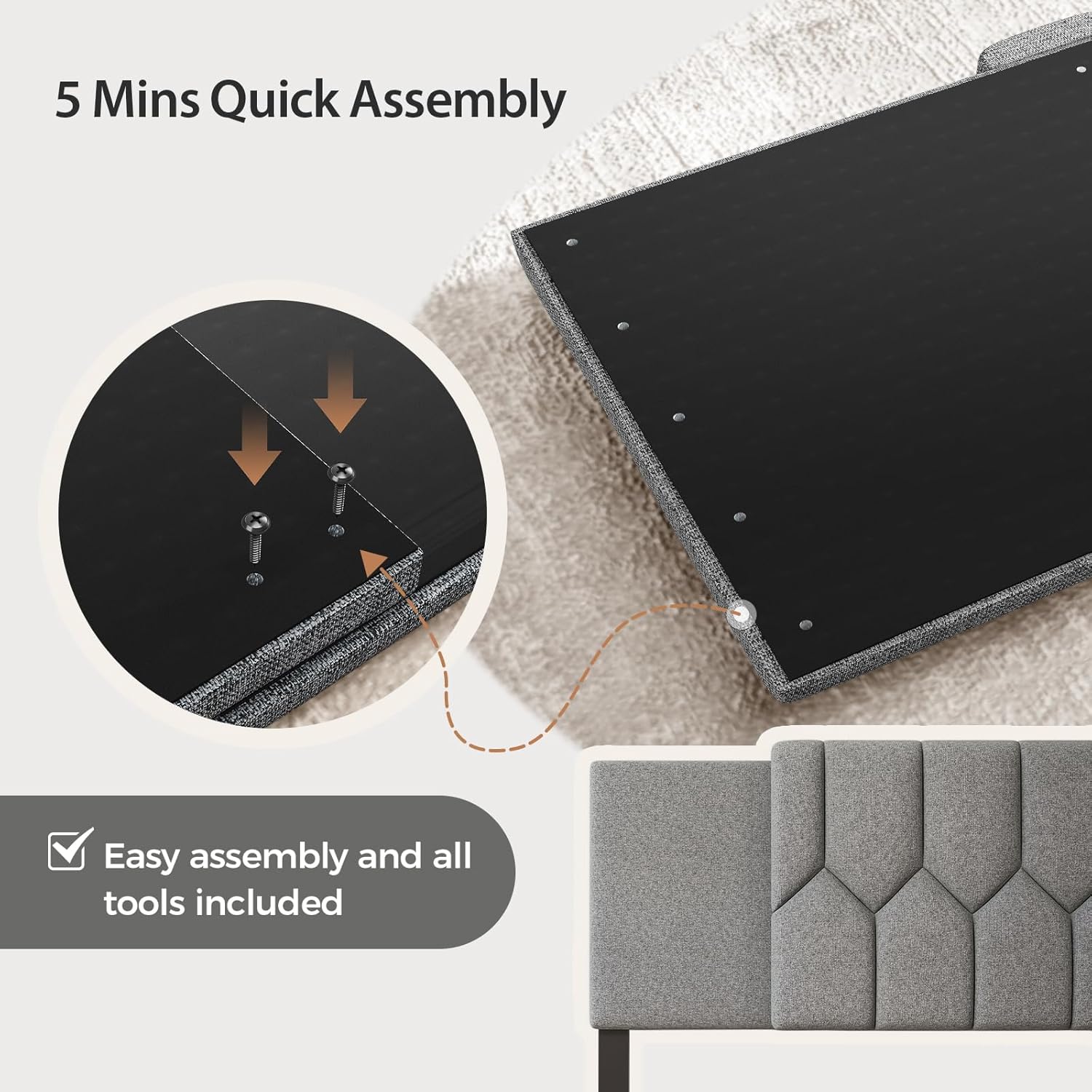 Upholstered Tufted Headboard, 3 in 1 Headboard for Full/Queen/King Size Bed, Height & Width Adjustable Head Boards, Attach Frame, Study & Comfortable, Ideal for Bedroom, Dorm, Guest Room, Grey