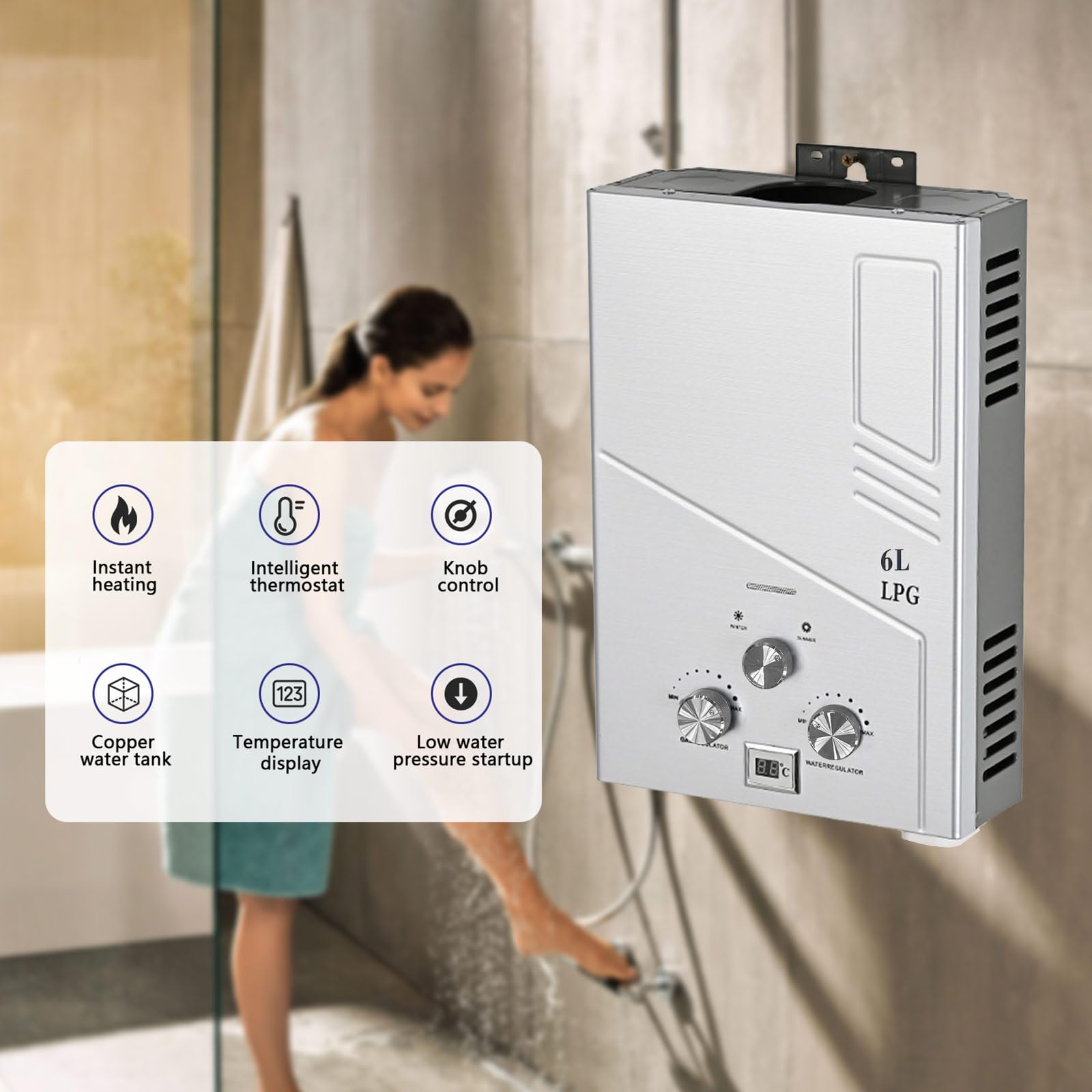 Chauffe-Eau à Gaz Instantané 6L, Chauffe-eau Instantané 12KW GPL avec Pommeau de Douche,Chauffe-eau à Gaz pour Maison Camping Caravane (6L)
