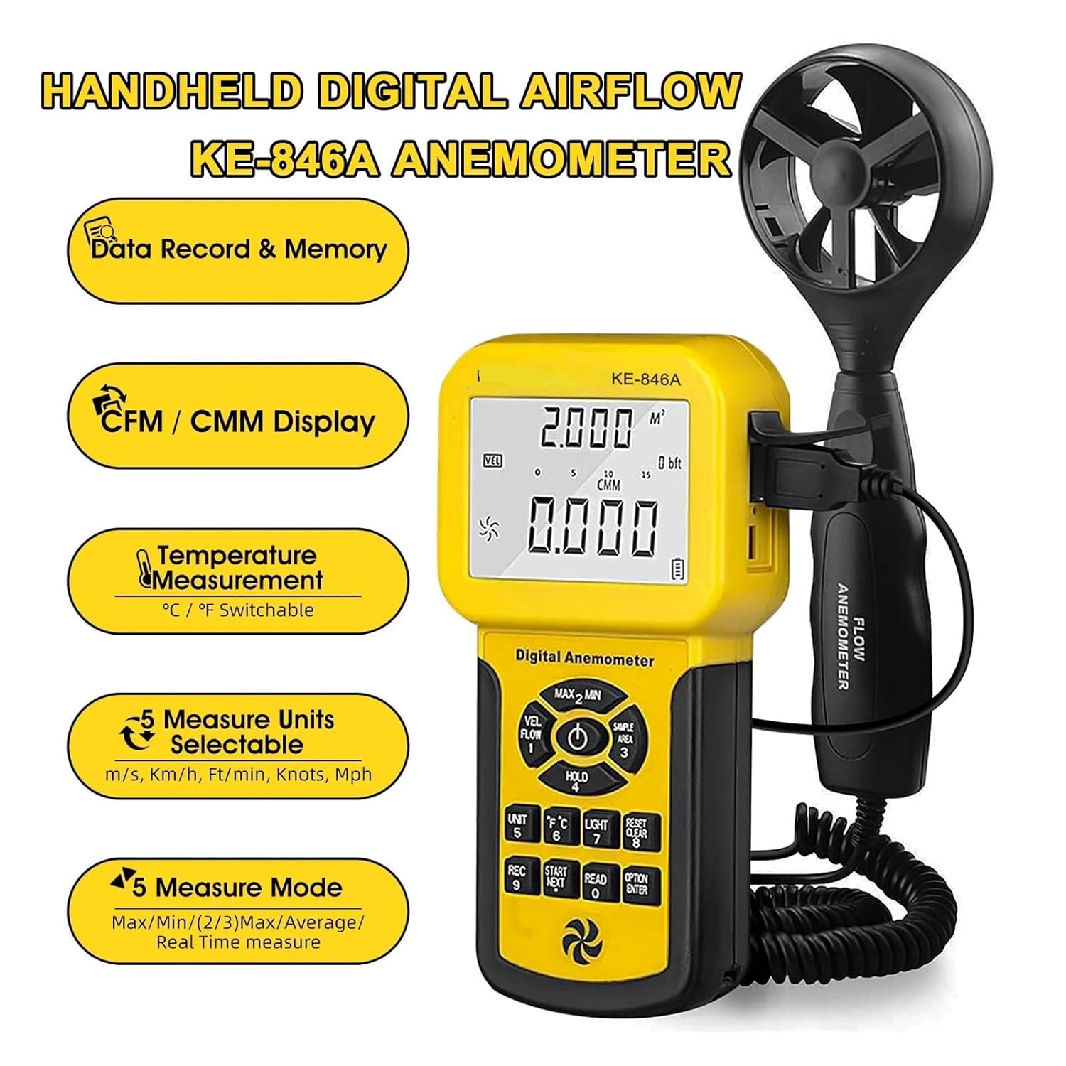 Wind Speed, with Backlight & Data Hold Anemometer HVAC Handheld Air Flow Meter(846A)