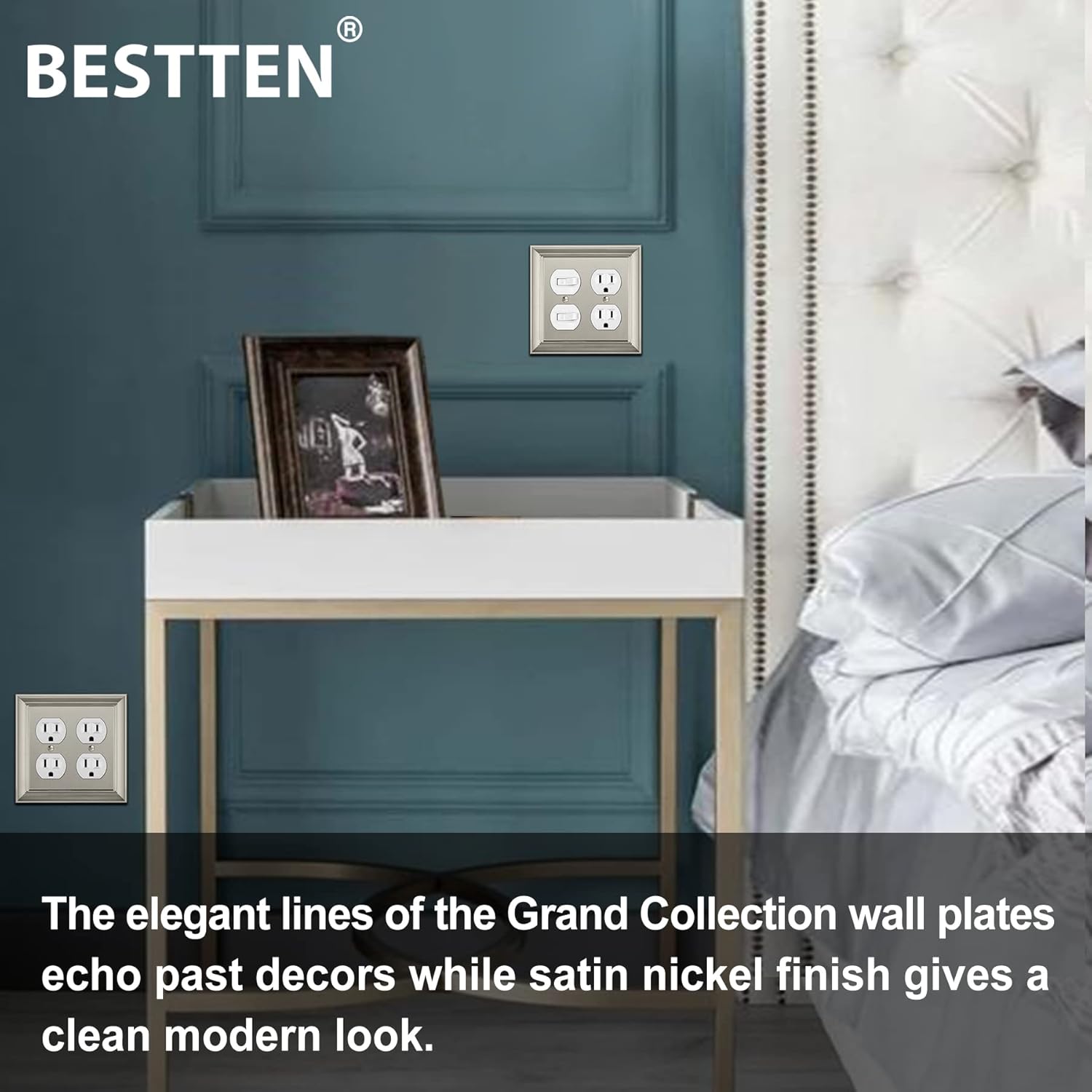 [2 Pack] BESTTEN Satin Nickel Zinc Alloy 2 Gang Duplex Wall Plate, Grand Collection Decorative Metal Receptacle Outlet Cover