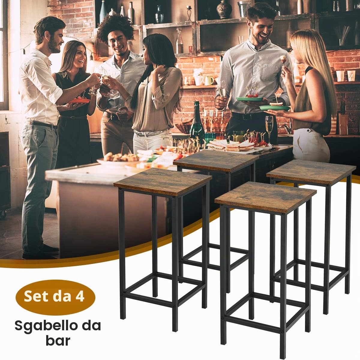 GIANTEX Set di 4 Sgabelli Quadrati da Bar, Design Industriale con Sedie, Poggiapiedi, di Telaio in Ferro, per Cucina/Bistrot/Caffè, Portata di 150KG, 30x30x72cm