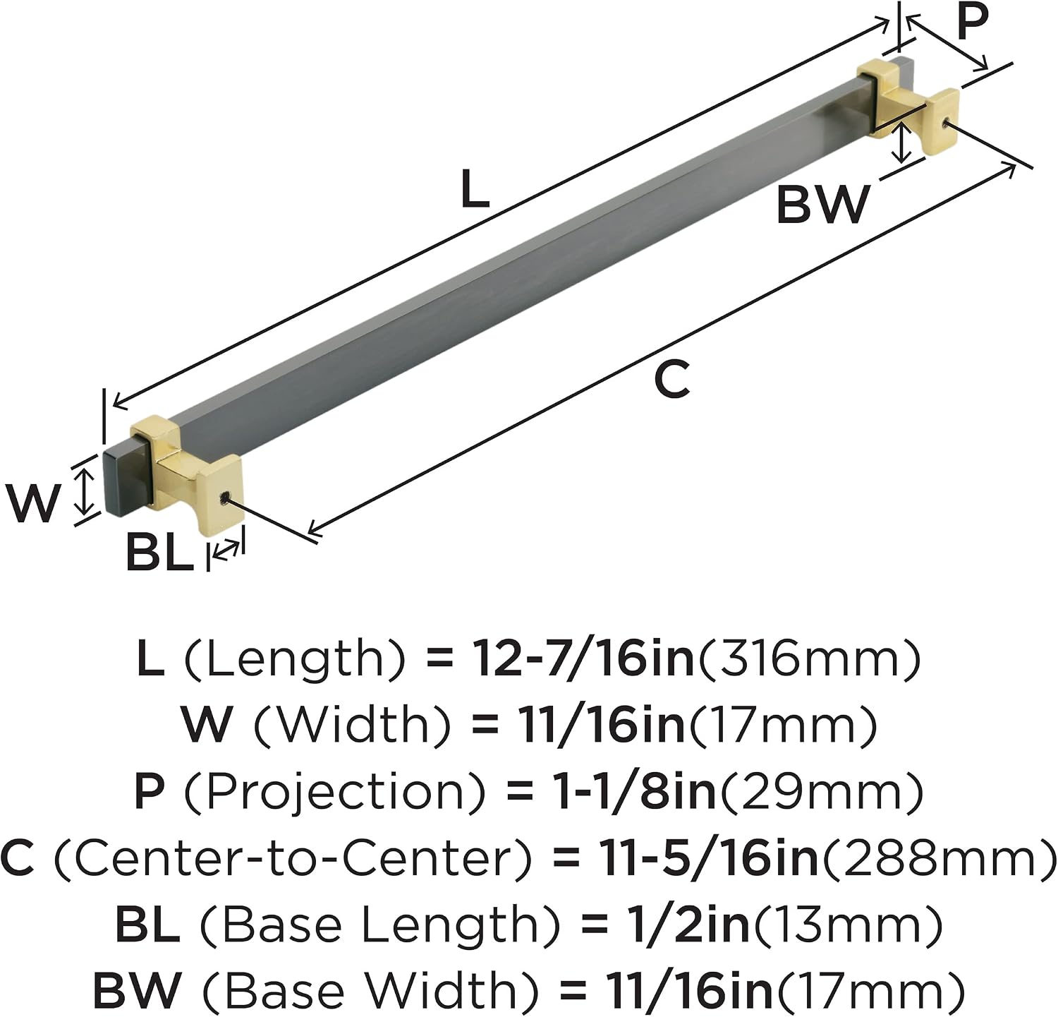 Amerock Overton 11-5/16 in (288 mm) Center-to-Center Black Chrome/Brushed Gold Cabinet Pull