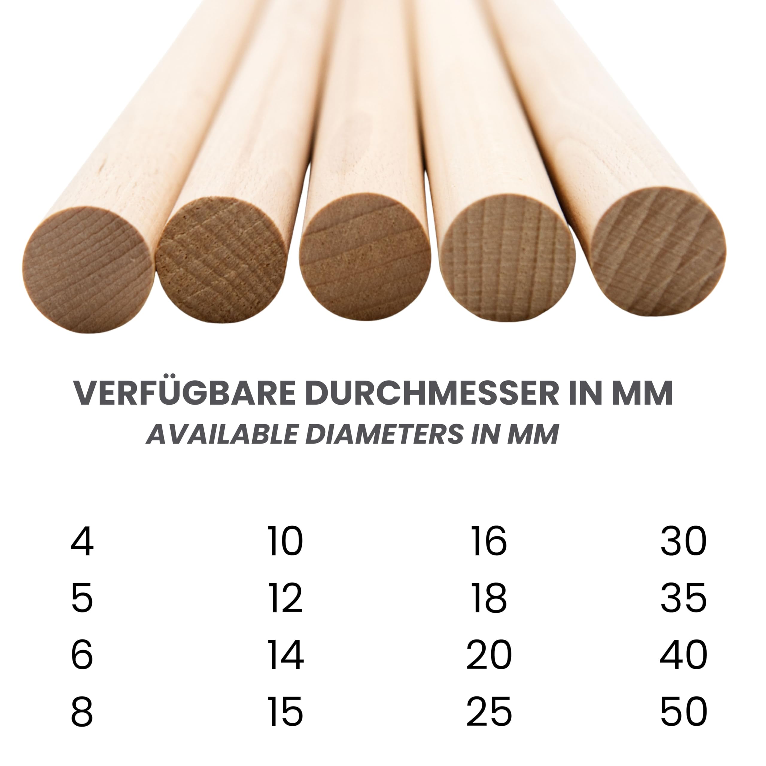 JOWE 3 varillas redondas de haya de 20 mm, longitud de 100 cm, barras de madera lisas de haya – Fabricado en Austria