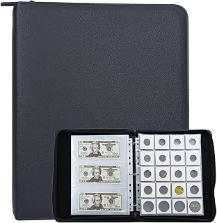 Coin & Cash Collection Book, Binder Holder Album with 200 Pockets Coin Sleeves (Contain Coin Flips) and 90 Pockets Paper Money Sleeves, Fireproof Currency Organizer for Money Protection and Storage