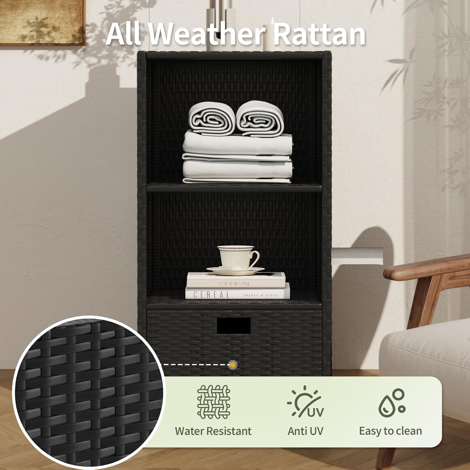 Aoxun Outdoor Towel Cabinet, Pool Accessory Storage Organizer, Freestanding Waterproof PE Rattan Wicker Shelf, 2 Layer with 1 Bottom Drawer for Pool, Patio, Outdoor, Indoor, Black