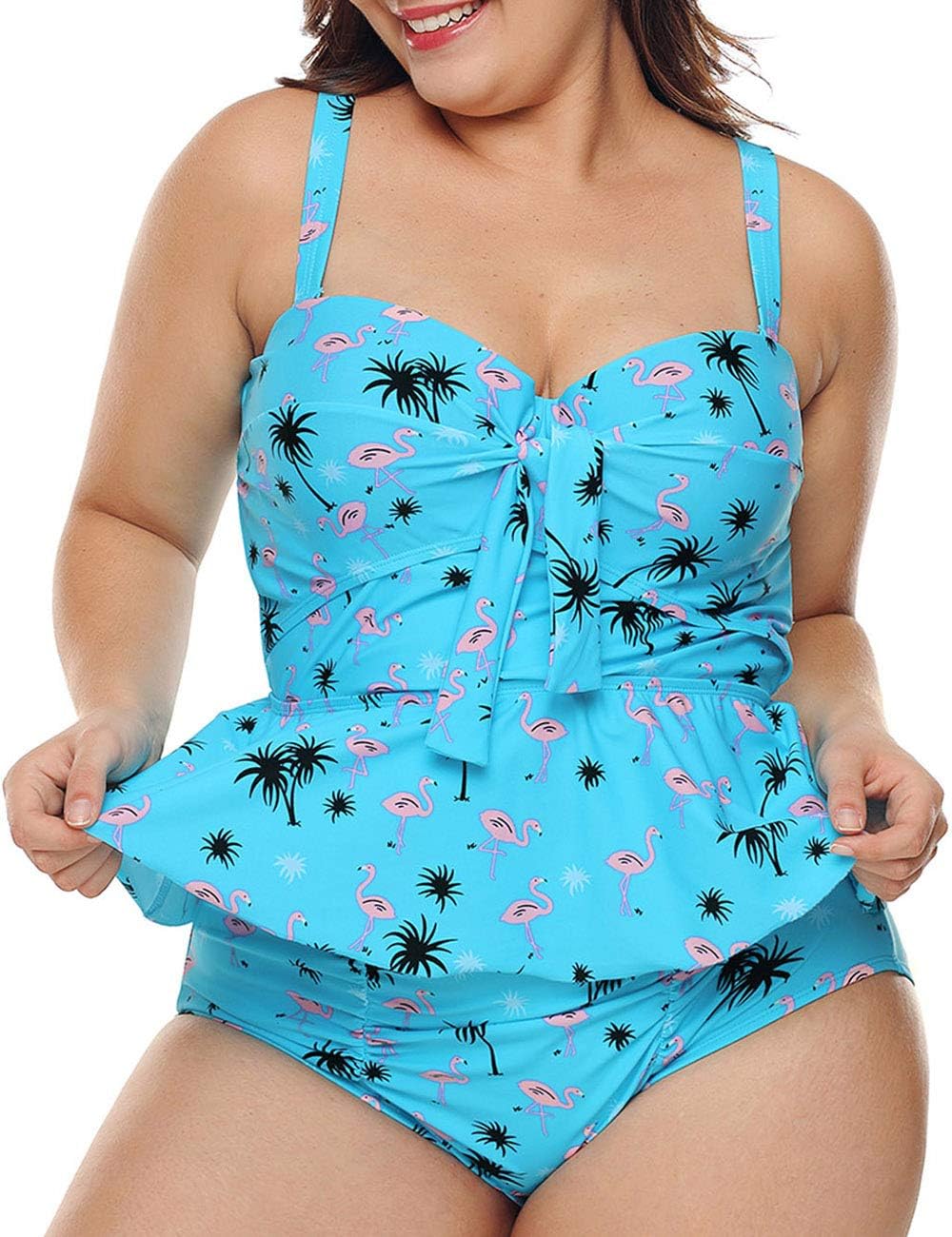CILKOO Women's Plus Size Swimwear Peplum Tankini Top Two Piece Bathing Suits Swimsuit Swimdress with High Waisted Swimsuit Bottoms Tummy Control Swimsuits Swimwear Blue US22-24 XXX-Large