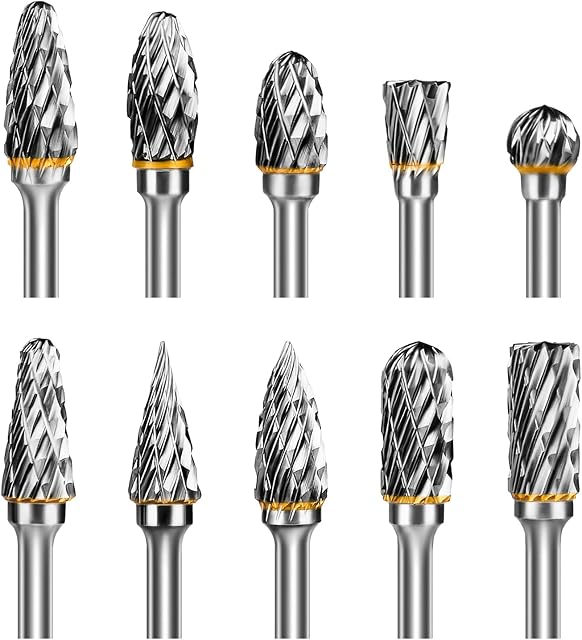 Hakkin 10Pcs Tungsten Carbide Steel Double Cut Rotary Burrs Set for Dremel Accessory 1/8" Shank Die Grinder Bits Rotary Tool Accessories for DIY Wood Carving, Metal Polishing, Engraving, Drilling