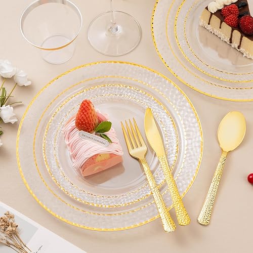 Miniatura 5 de 350 platos de plástico transparente con ribete dorado para 50 invitados, juego de vajilla desechable para fiestas y bodas, incluye 100 platos de