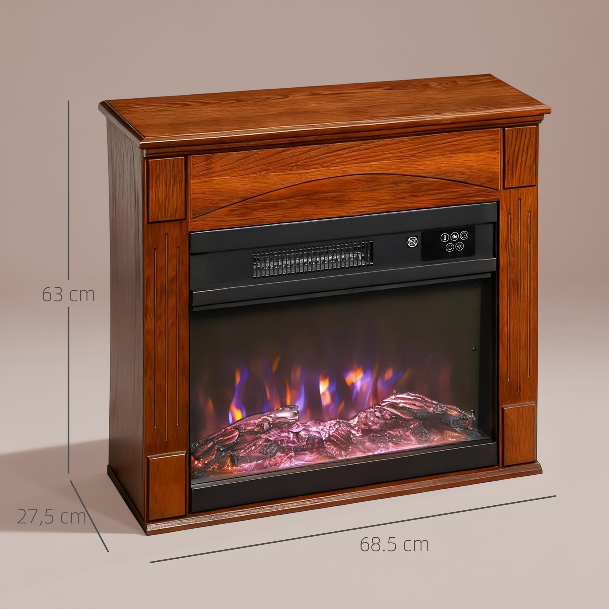 HOMCOM Kominek elektryczny 1000 W/2000 W, efekt płomienia 3D, 6 kolorów i 3 ustawienia, dekoracyjny sztuczny kominek z regulowanym termostatem, pilotem, timer, do 30 m², brązowy