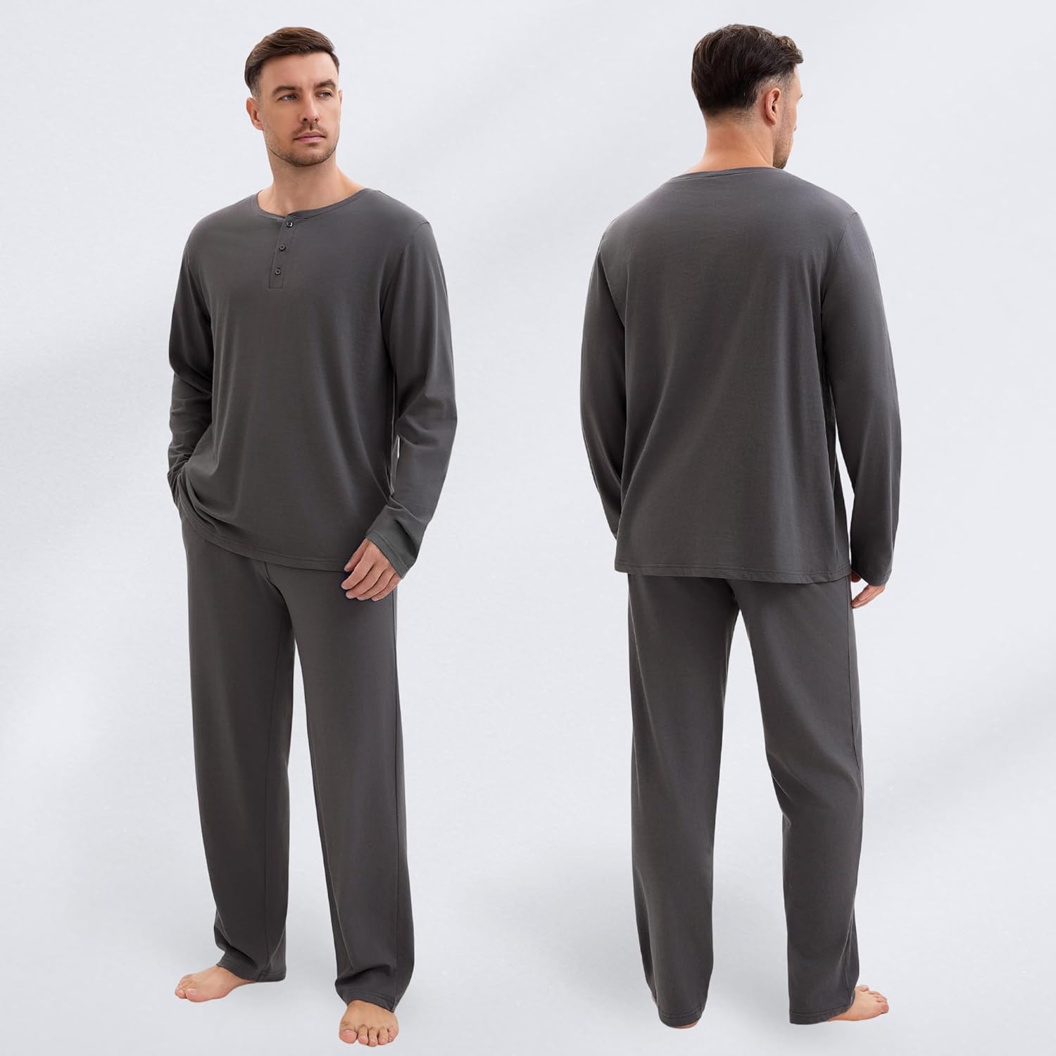 Mens Pajamas Set Comfy Pj Sets Long Sleeve Pajamas Cotton 2-Piece Loungewear Nightwear with Pockets - Image 2