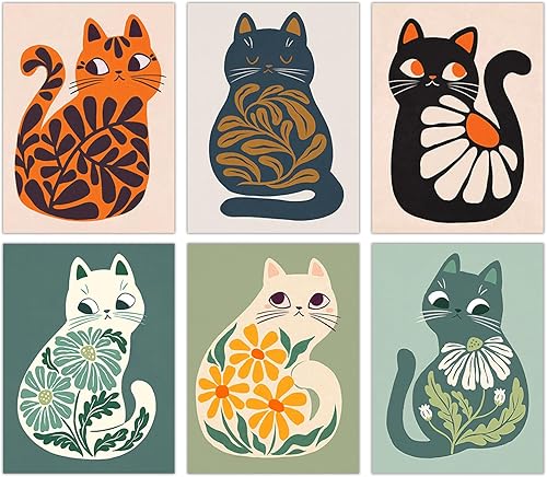 Miniatura 1 de FEOFTIE Arte de pared de gato, póster neutro y bohemio, estampado de plantas, imágenes de animales retro, pósteres verdes, impresión de mediados de