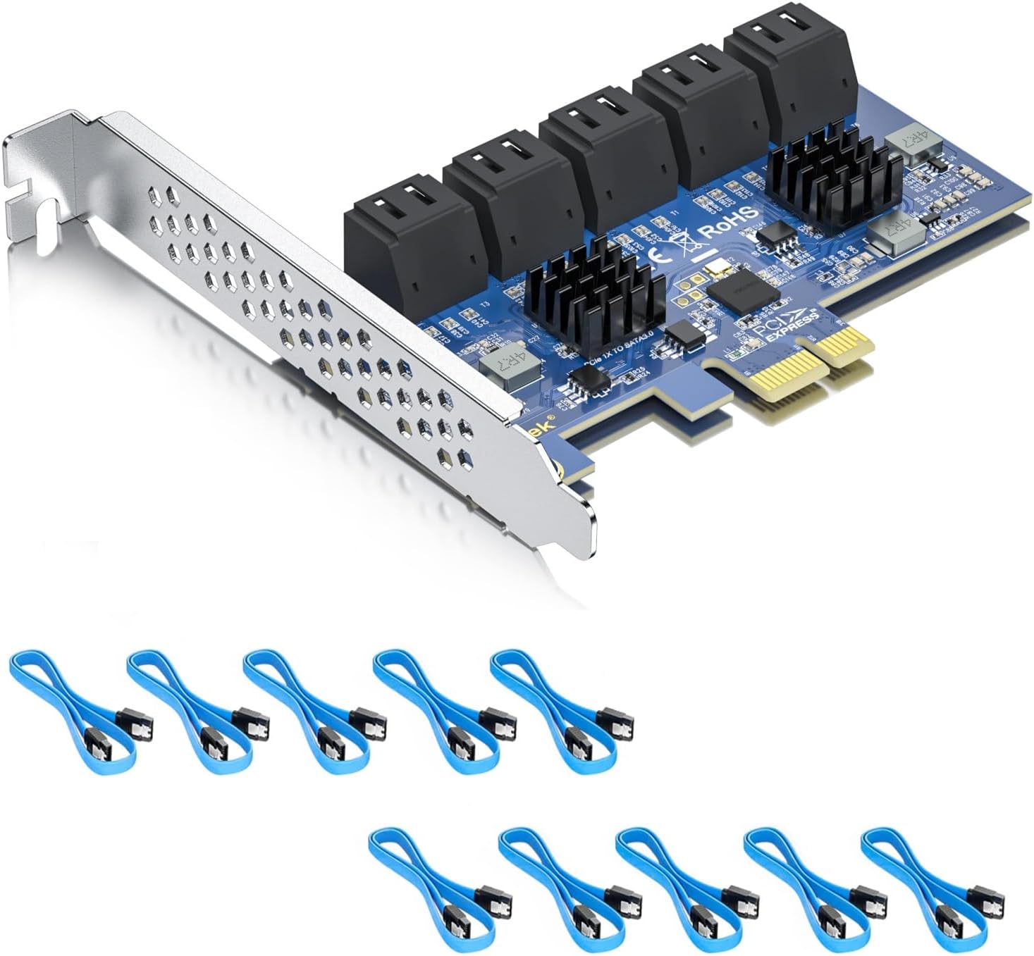 ipolex 10-Port PCIe SATA Card, SATA3.0 Expansion Card, X1, 6Gbps Controller with 10x SATA Cables, Supports Non-RAID HDD/SSD, Only Includes Full-Height Bracket