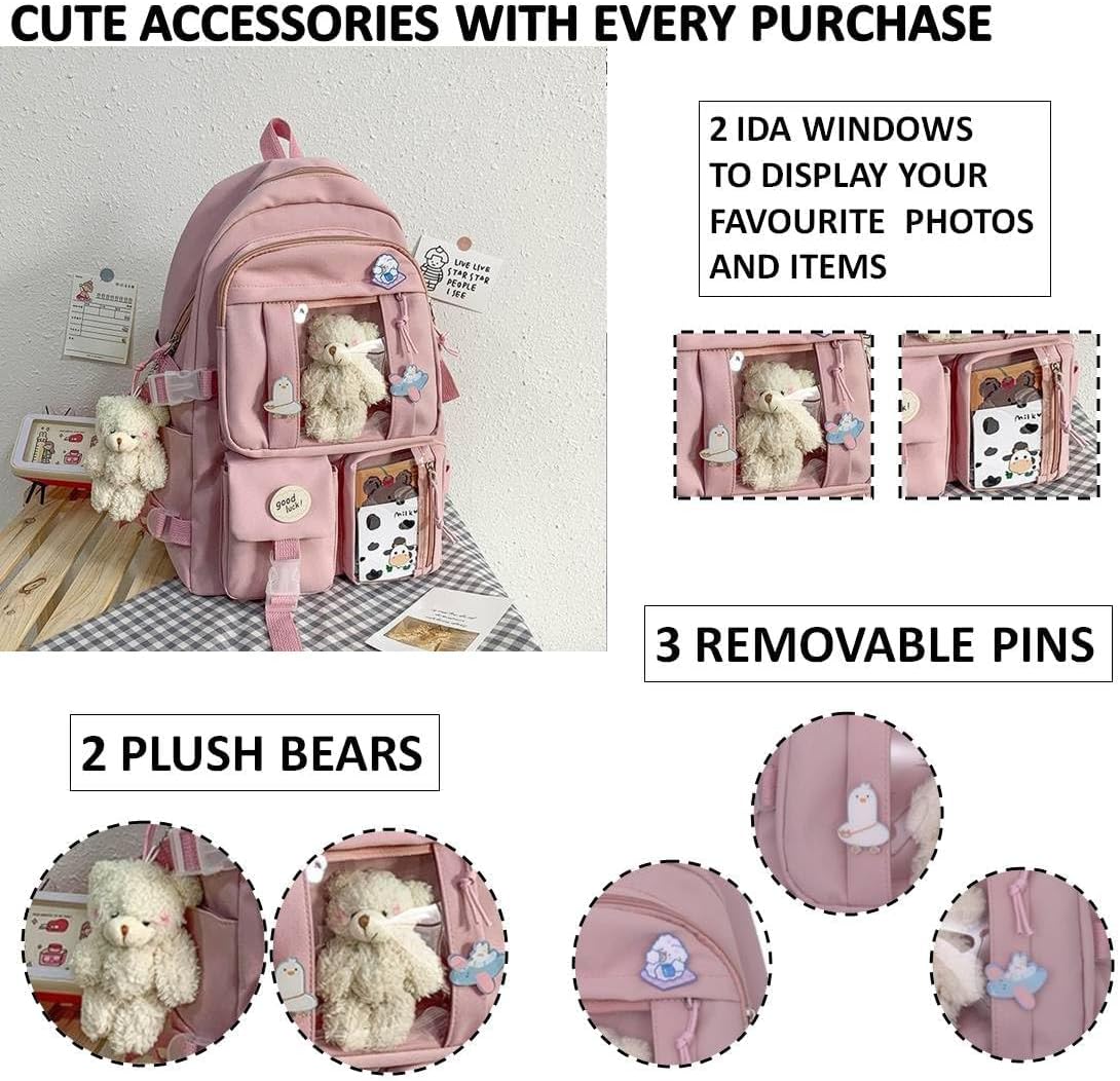 Kawaii Backpack with Cute Plush Pendant IDA Windows Pins Travel Daypack Spacious (Black)