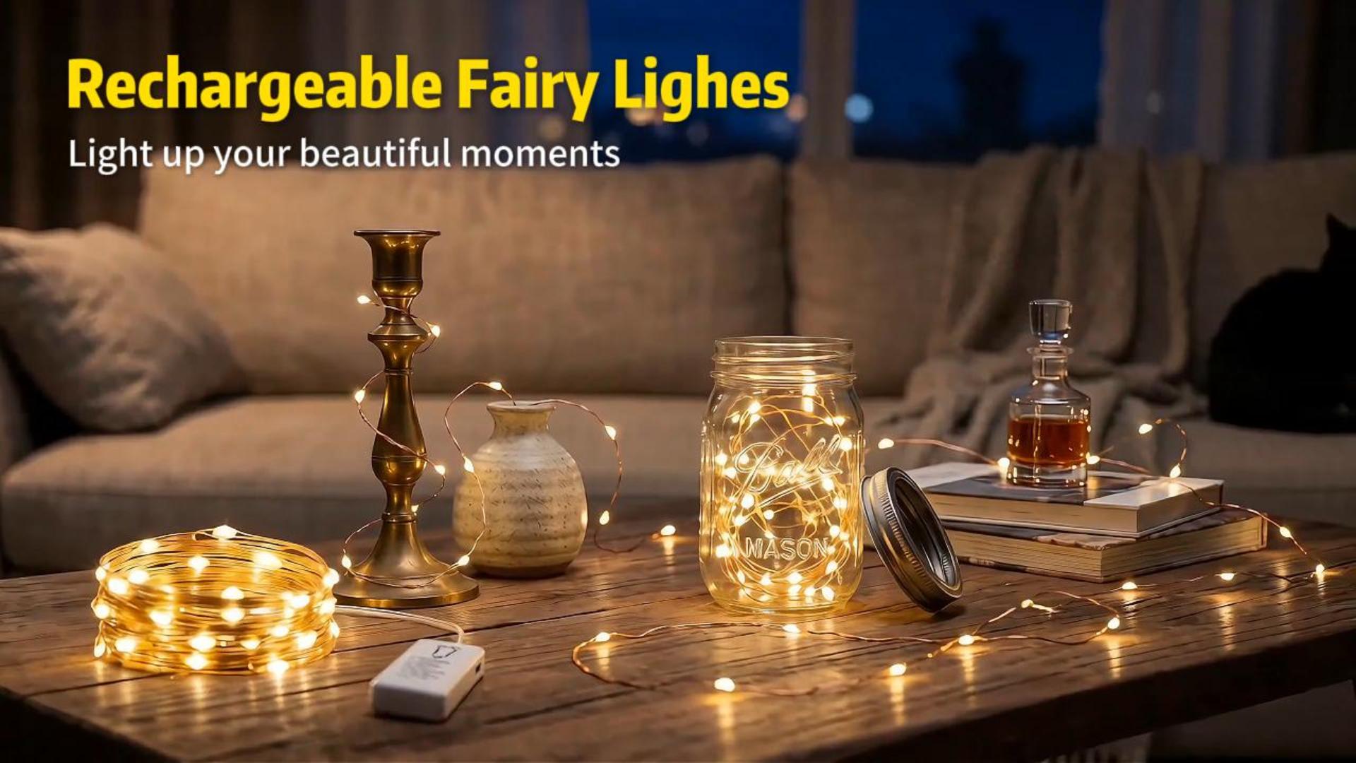 Image of 4 Pack 50 LED Fairy Lights Battery Operated with DIY Timer, 16FT Rechargeable Indoor String Lights, 8 Modes Mini Twinkle Lights for Tree Craft Bedroom Vase Wedding Party Decor, Warm White