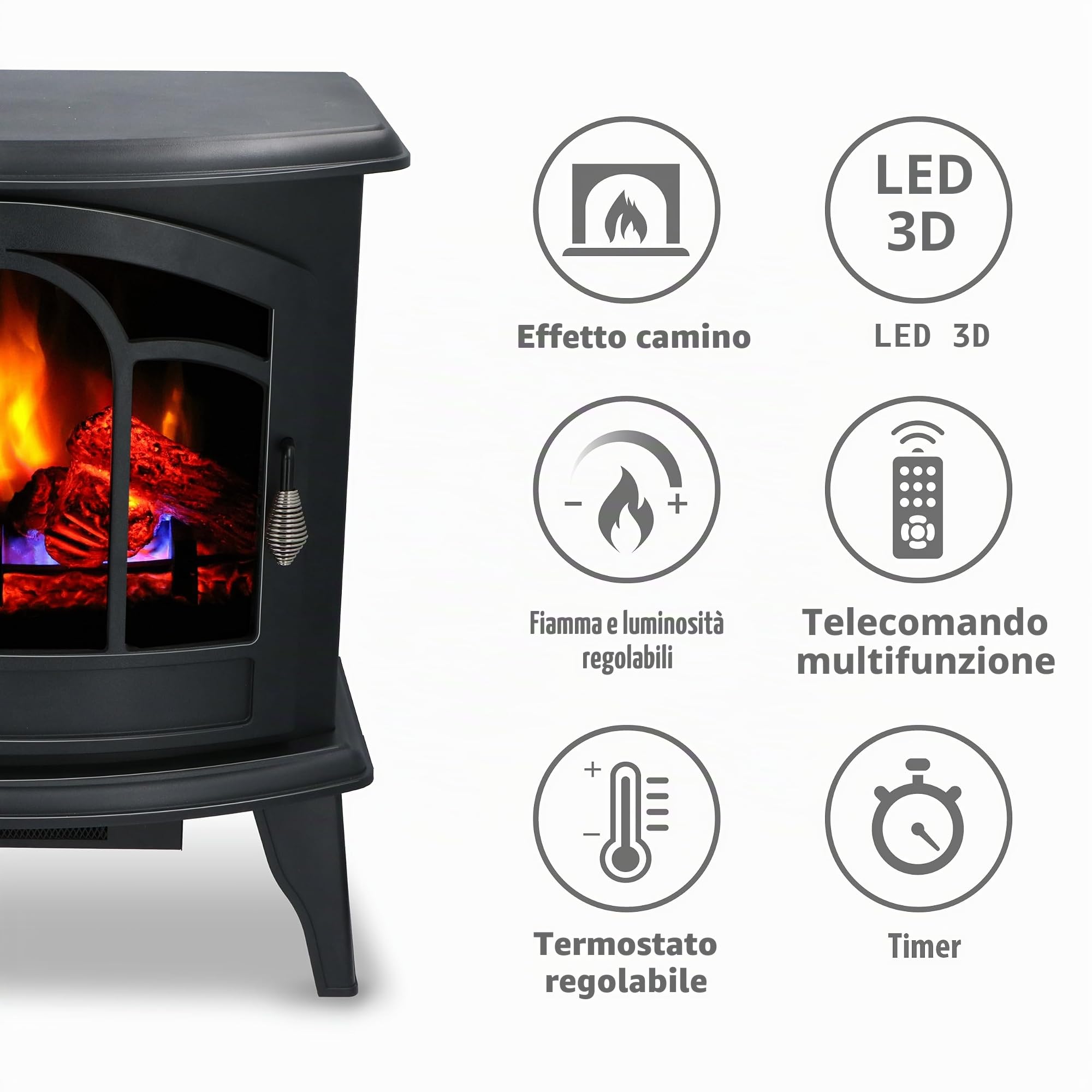 alpina Vicenza Camineo Elettrico - Caminetto Elettrico con Riscaldamento, Telecomando e Timer - Stufa Elettrica con Fiamme LED - 2000W - Libera Installazione - Nero