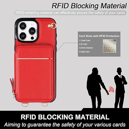 Miniatura 4 de Bocasal Funda tipo cartera cruzada para iPhone 15 Pro Max, funda de piel con bloqueo RFID y soporte para tarjetas, funda protectora con cremallera y