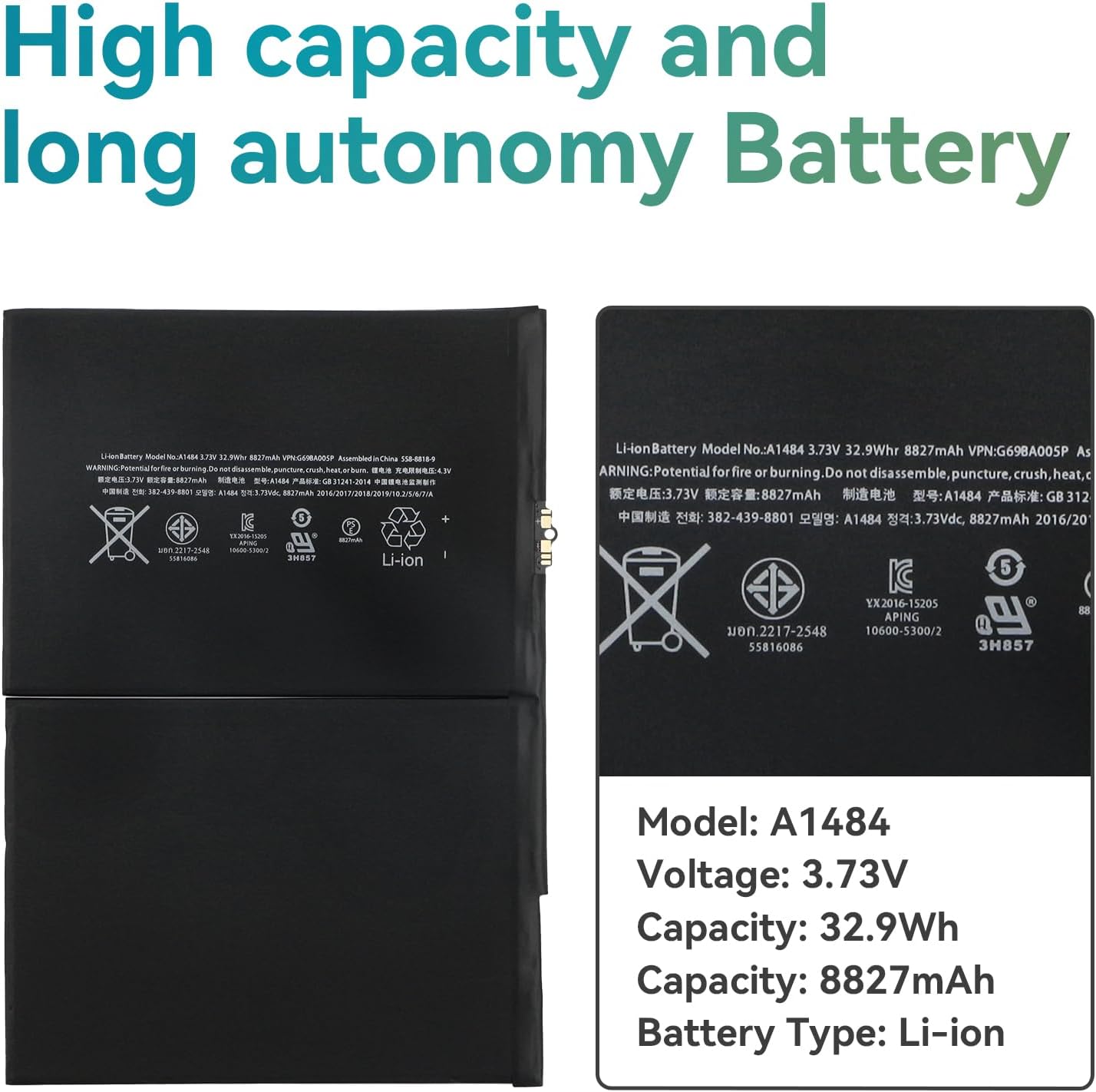 K KYUER A1484 Tablet Bateria Compatible with iPad 5 6 7 A1822 A1823 A1893 A1954 A2197 A2200 A2198 A2199 Air A1474 A1475 A1476 MD785LL A MD786LL A MD787LL A MF539LL A MF534LL A MF532LL A MR7G2LL A