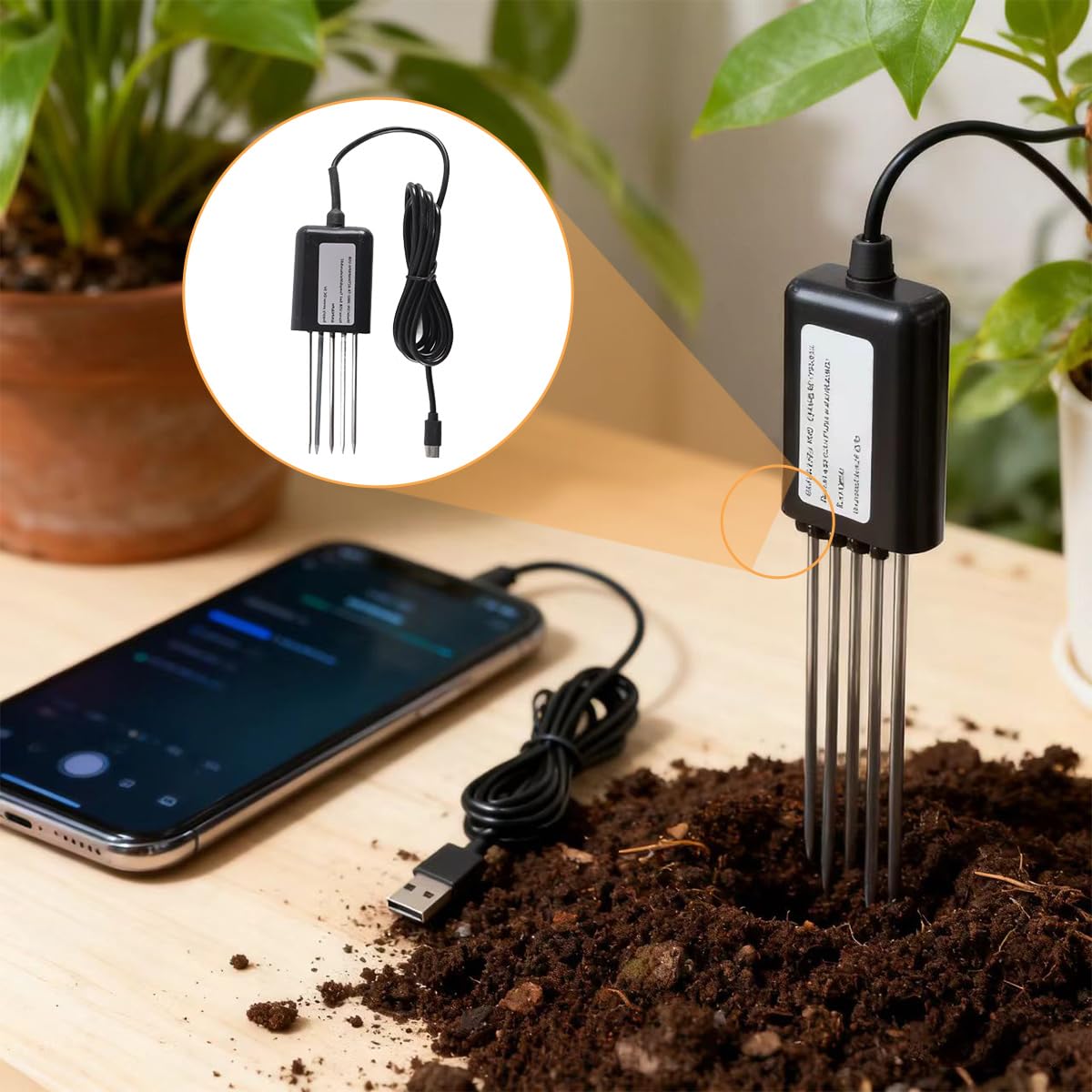 Ausi Sensor de suelo USB 7 en 1 con funciones de medición de pH, temperatura, humedad y nutrientes (solo disponible para Android)