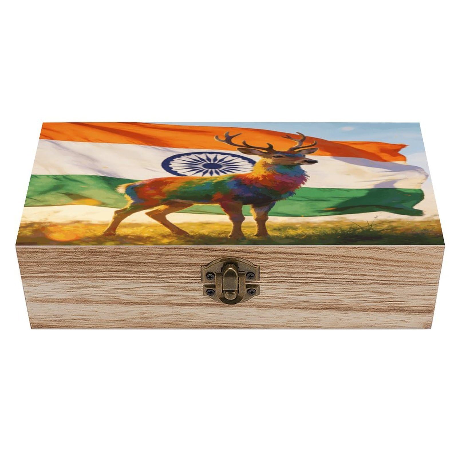 LZQPOEAS Colorful Deer And National Flag Wooden Keepsake Box Wooden Storage Box Container with Hinged Lid Beautiful Wood Memory Box Decorative Jewelry Case for Crafts Art Hobbies & Trinket Storage