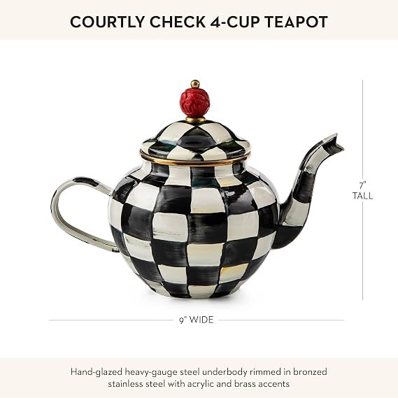 MACKENZIE-CHILDS Enamel Teapot, 4 Cups, Black-and-White Courtly Check